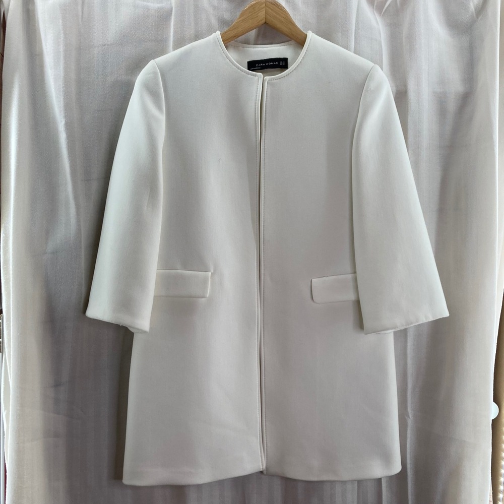 ZARA WOMAN White Collarless Open Front 3/4 Sleeve‎ Jacket Coat